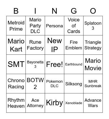 Nintendo Direct 2022 Bingo Card