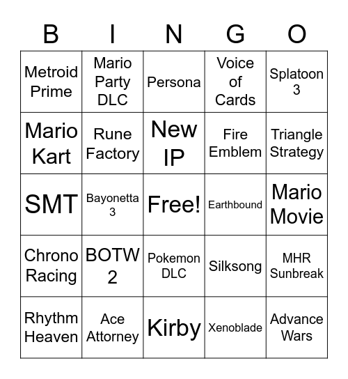 Nintendo Direct 2022 Bingo Card