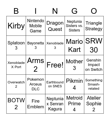 Nintendo Direct EN + JP Bingo Card