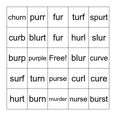 "ur" words Bingo Card