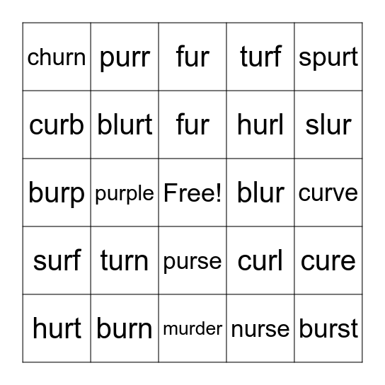 "ur" words Bingo Card