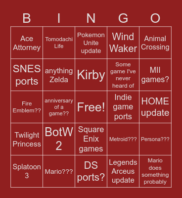 Nintendo Direct Bingo Card