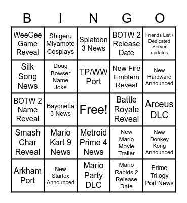 Nintendo Direct Bingo Card