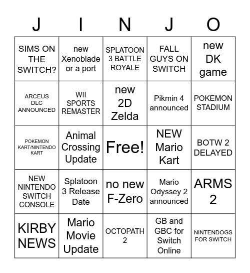 Nintendo 2022 Bingo Card