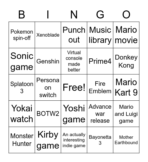 Nintendo Direct bingo card Bingo Card