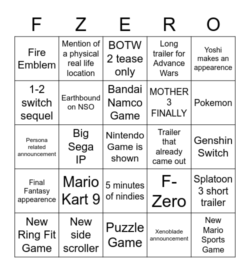 Nintendo Direct 2/9/21 Bingo Card