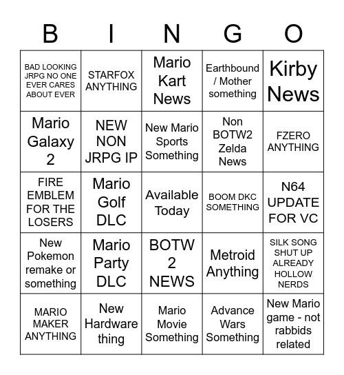 Nintendo Direct Hopium Bingo Card