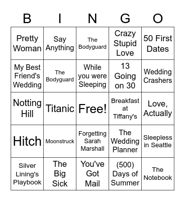 Hollywood Romance Bingo Card