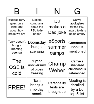 PSU Leadership Team Meeting Bingo! Bingo Card