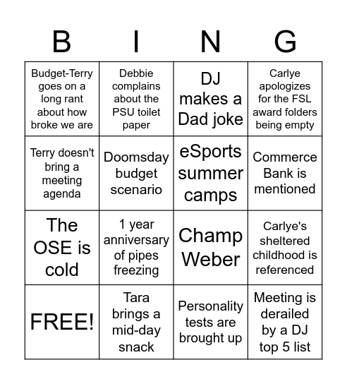 PSU Leadership Team Meeting Bingo! Bingo Card