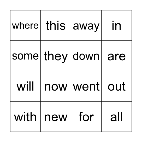 Sight word bingo Card