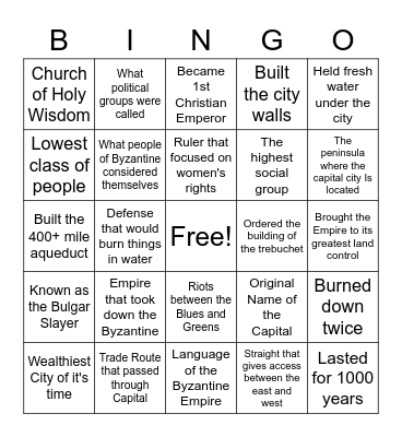 Byzantine Bingo Card