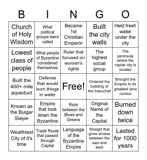 Byzantine Bingo Card