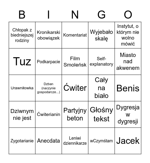 Bingo na skraju głupoty Bingo Card