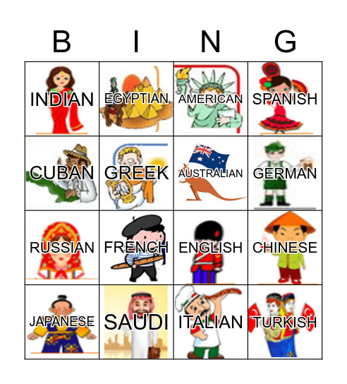 NATIONALITIES Bingo Card