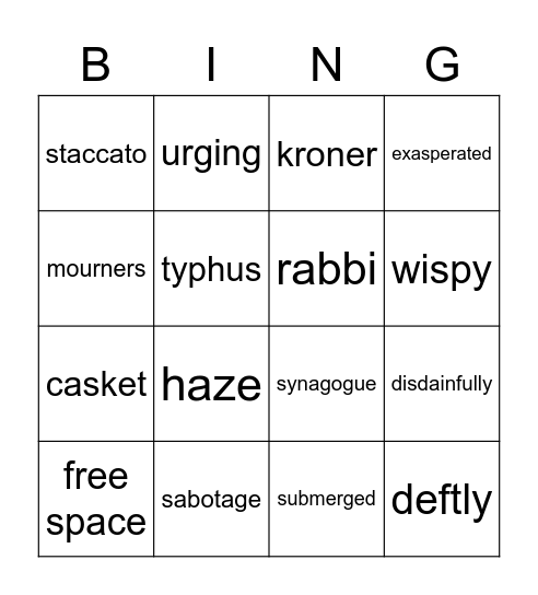 Number the Stars Section 2 Vocabulary Bingo Card
