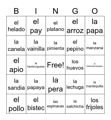 La comida Bingo Card