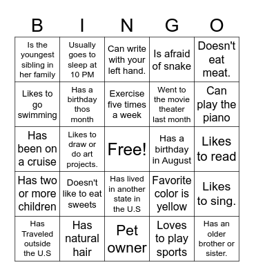 Getting to know a Sister Bingo Card