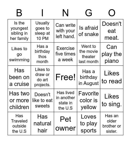 Getting to know a Sister Bingo Card