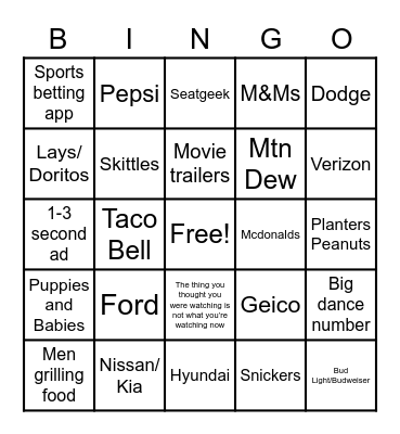 Super Bowl commercial Bingo Card