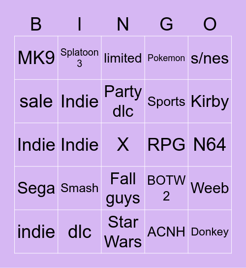 Nintendo Direct Bingo Card