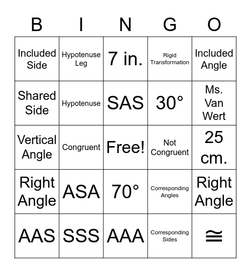 Congruency Bingo Card