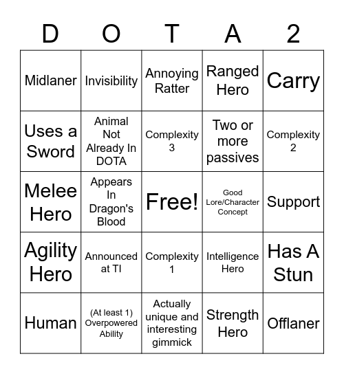 Dota 2 New Hero Bingo Card