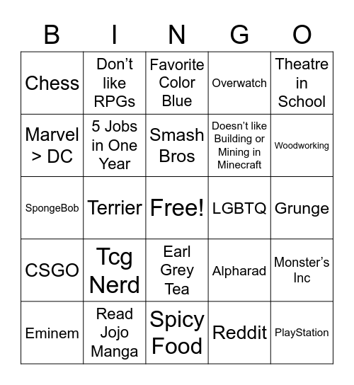 Me Bingo Card