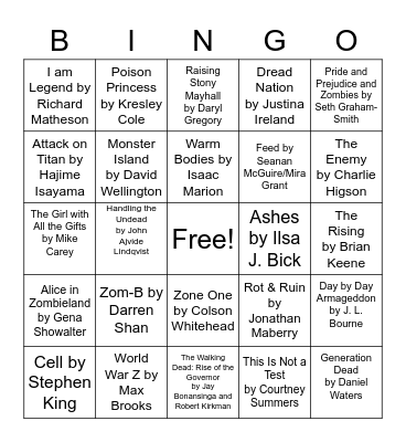 Zombie Book Bingo Card