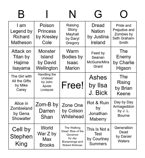 Zombie Book Bingo Card