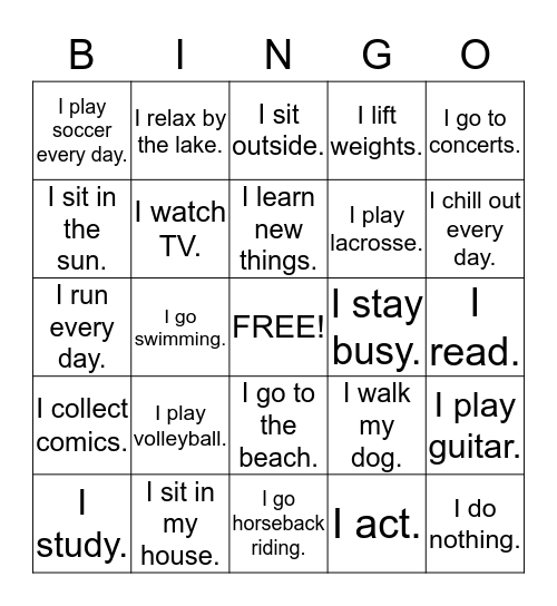 What do you do for fun? Bingo Card