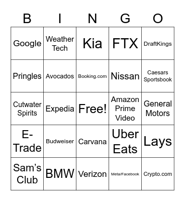 2022 Super Bowl Commercials Bingo Card