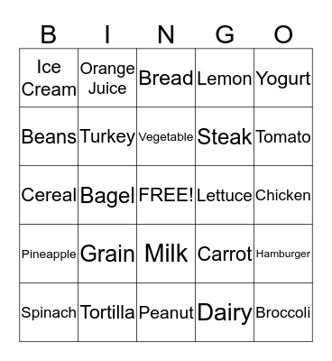 Food Group Bingo Card