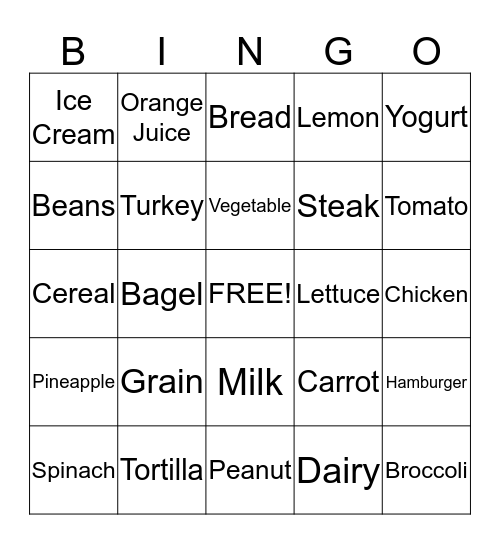 Food Group Bingo Card