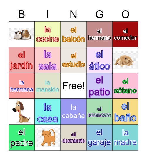 Las partes de una casa, la familia y las mascotas Bingo Card