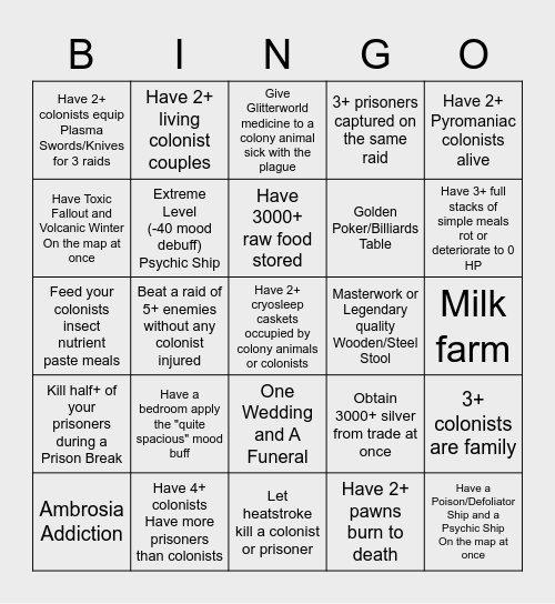 Rimworld Bingo Card