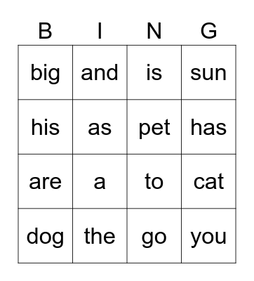 Trick Word and CVC bingo Card
