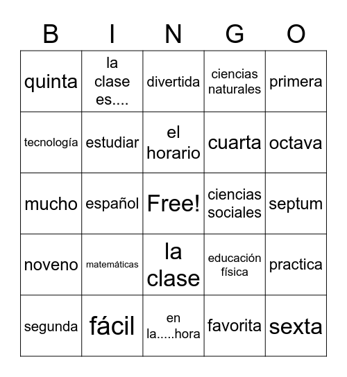 Realidades 2A Vocabulary Bingo Card