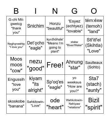 Traditional Languages Bingo Card