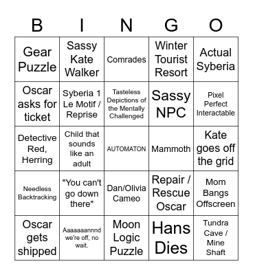 Syberia 2 Bingo Card