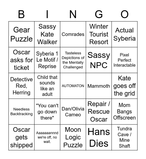 Syberia 2 Bingo Card