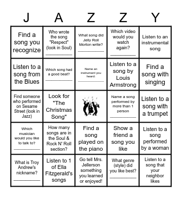 Jazz, Blues, Soul, and Boogie Woogie Bingo! Bingo Card
