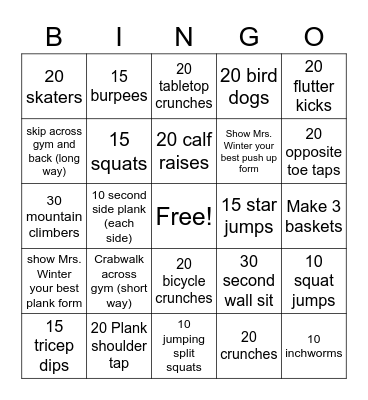 St. James Fitness Bingo, 6-8th grade Bingo Card