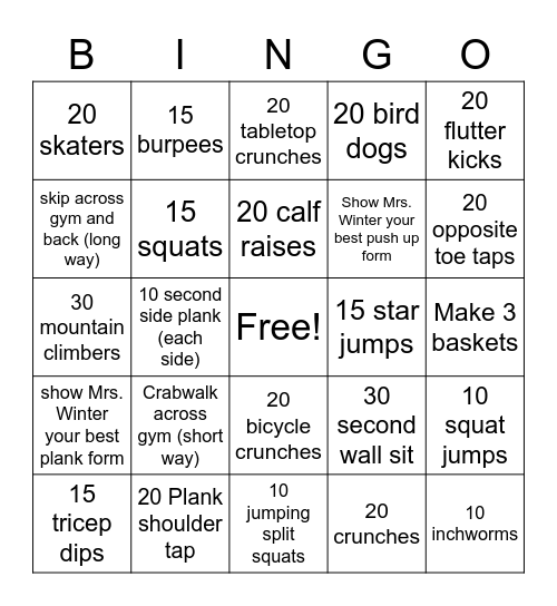 St. James Fitness Bingo, 6-8th grade Bingo Card