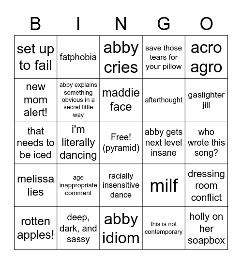 Dance Moms Bingo Card