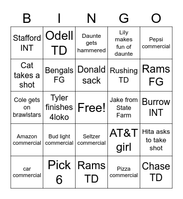 Super Bowl Bingo Card