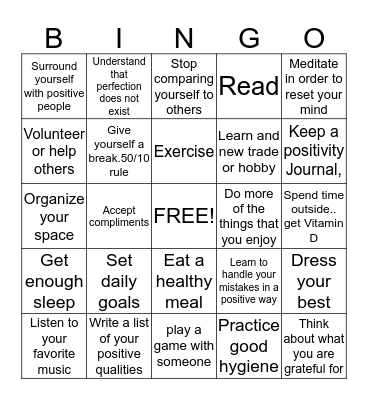 Self Esteem Boosting Tips Bingo Card