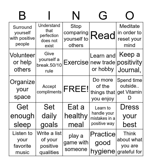 Self Esteem Boosting Tips Bingo Card