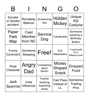 Magic Kingdom Bingo Card