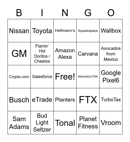 Superbowl Bingo Card